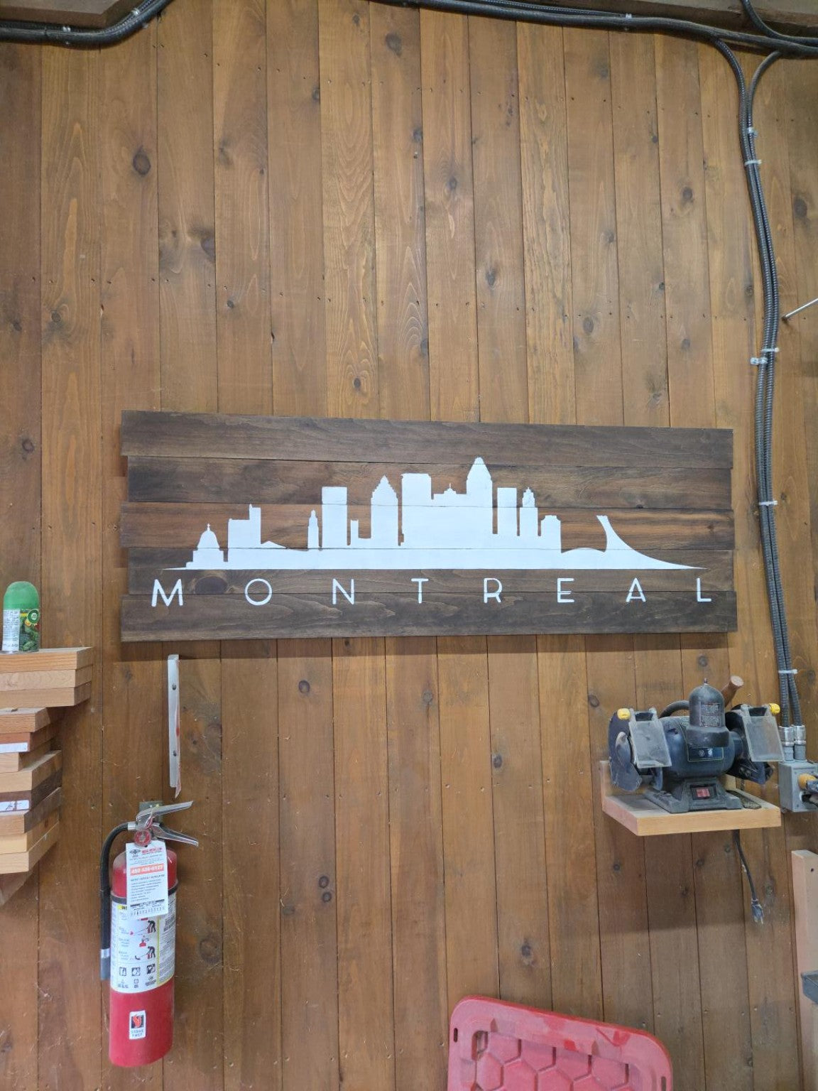 Actual Montréal skyline artwork on five wood planks, 60 by 21 inches