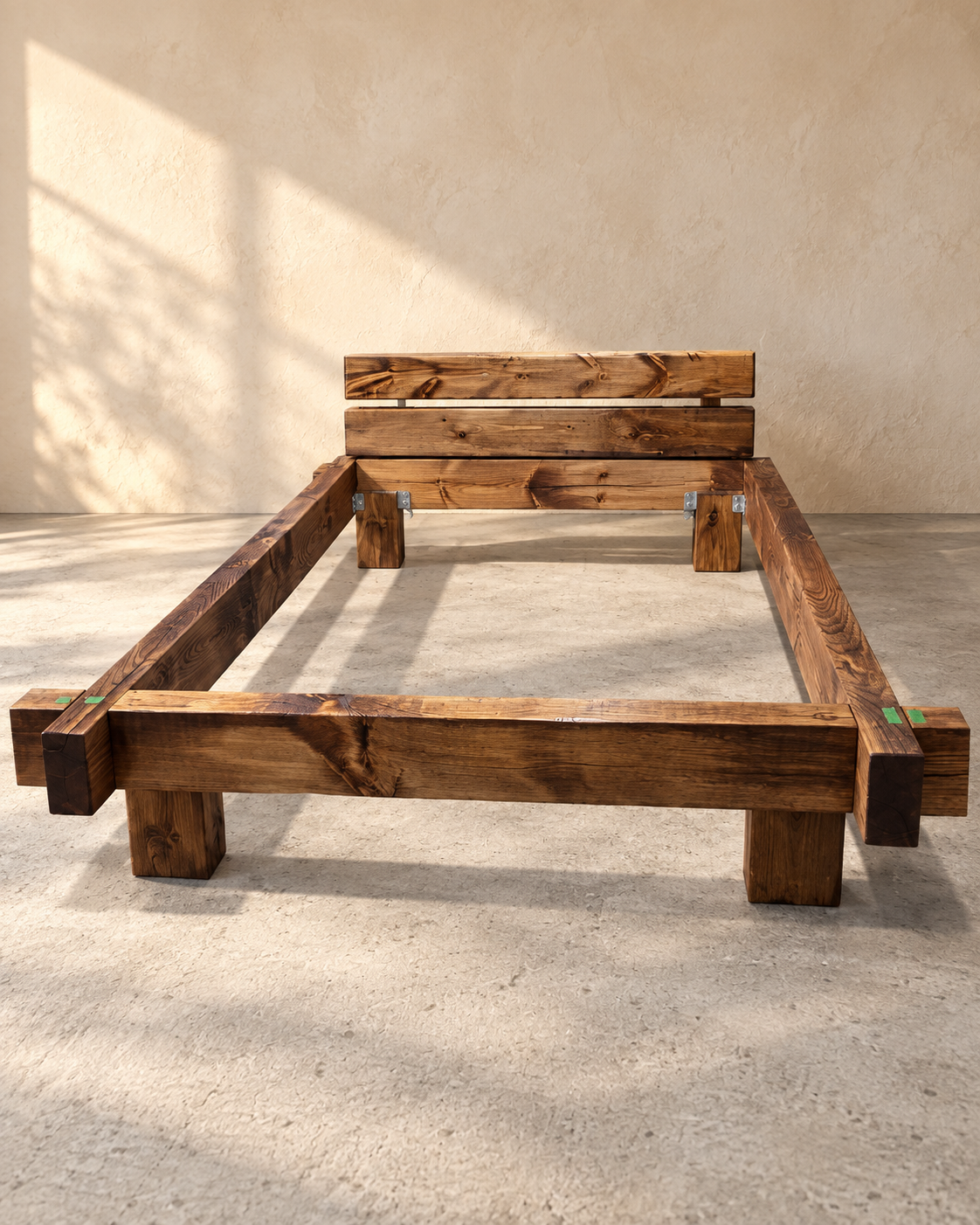 Dream Beam solid pine bed frame without mattress support boards, showing the timber construction, headboard and structural connectors before the platform is fitted.