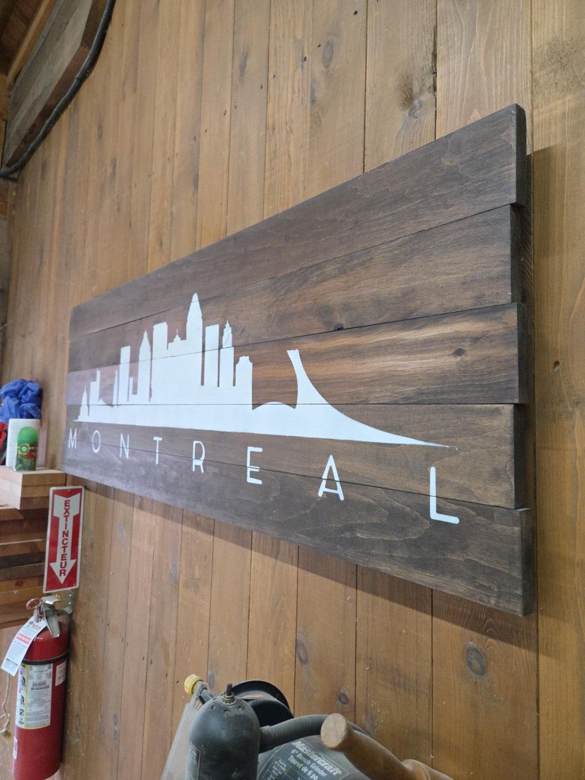 Actual Montréal skyline artwork on five wood planks, 60 by 21 inches