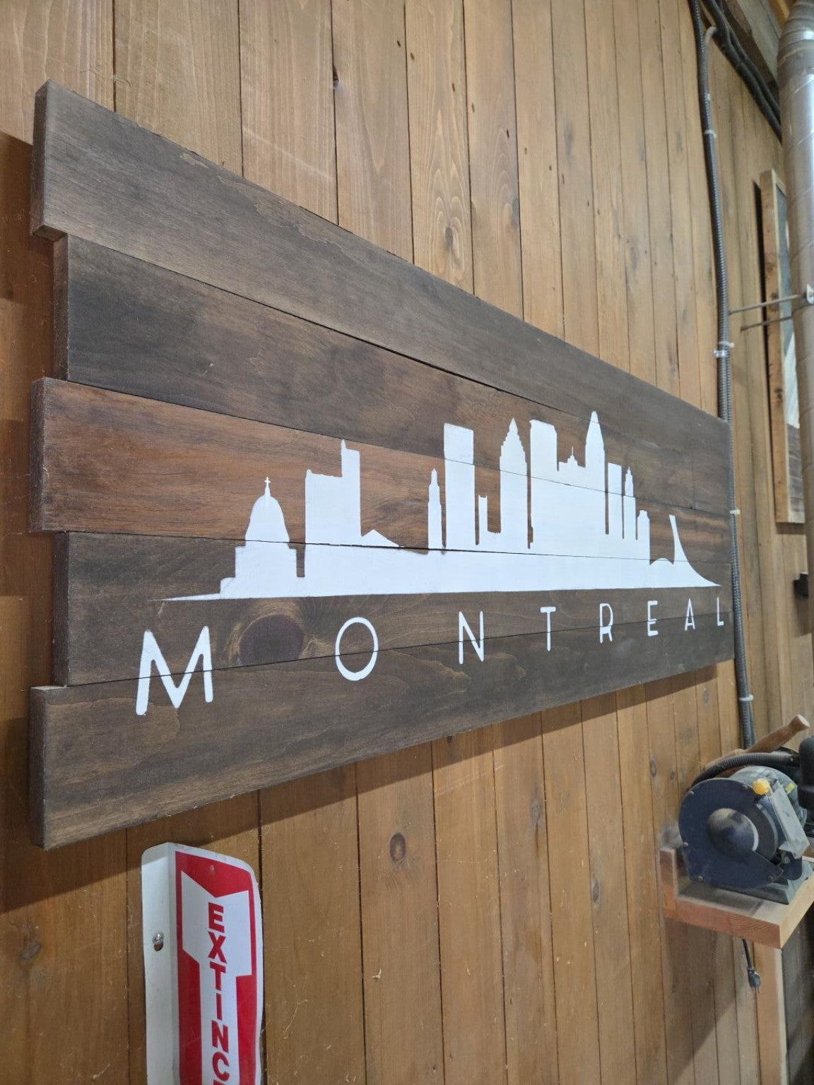 Actual Montréal skyline artwork on five wood planks, 60 by 21 inches
