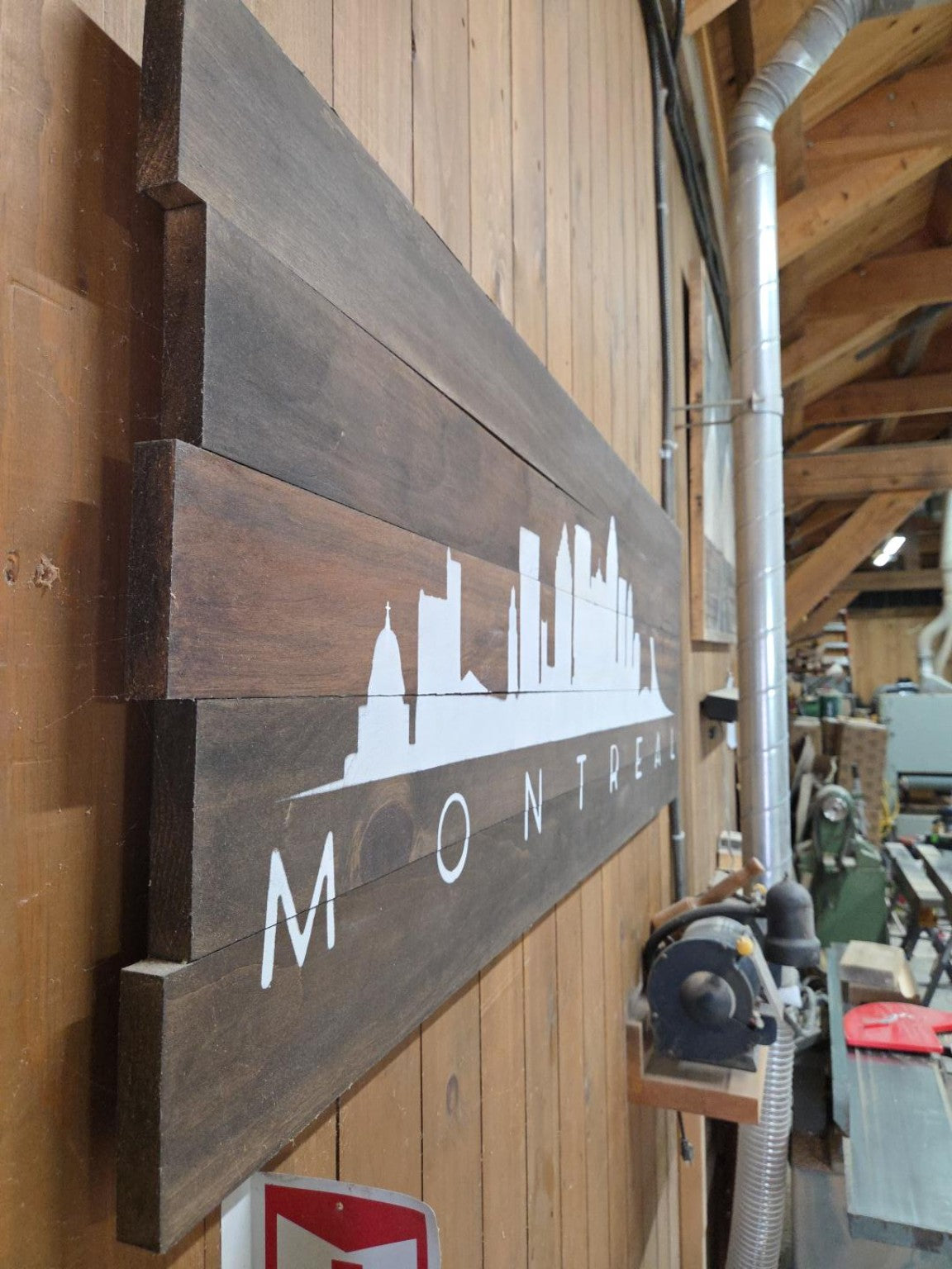 Actual Montréal skyline artwork on five wood planks, 60 by 21 inches