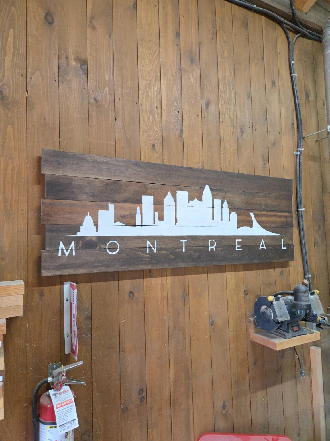 Actual Montréal skyline artwork on five wood planks, 60 by 21 inches