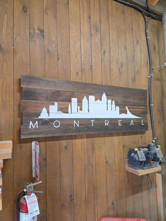 Actual Montréal skyline artwork on five wood planks, 60 by 21 inches
