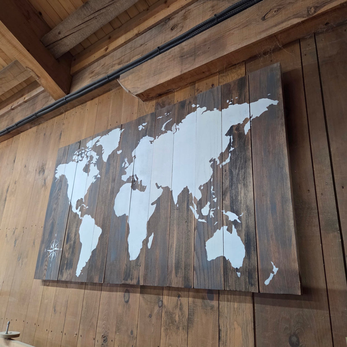 Actual one-off painted wood world map, 60 by 34 inches