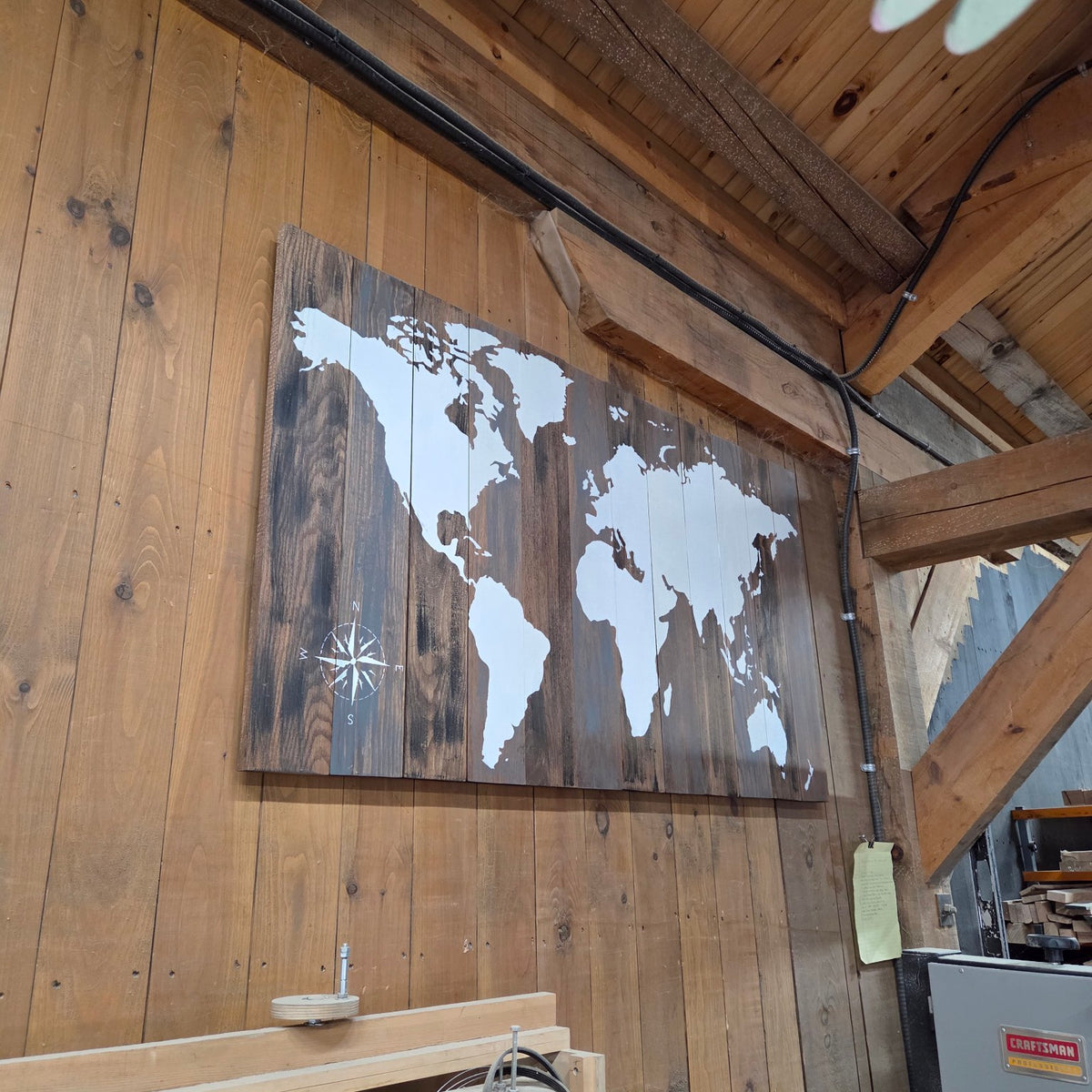 Actual one-off painted wood world map, 60 by 34 inches