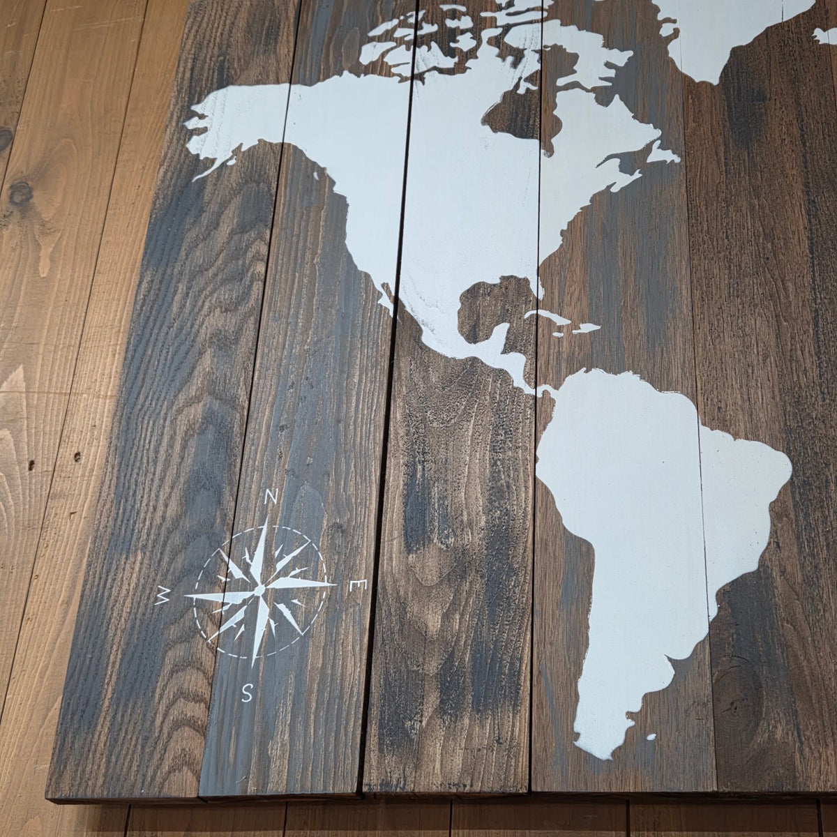 Actual one-off painted wood world map, 60 by 34 inches