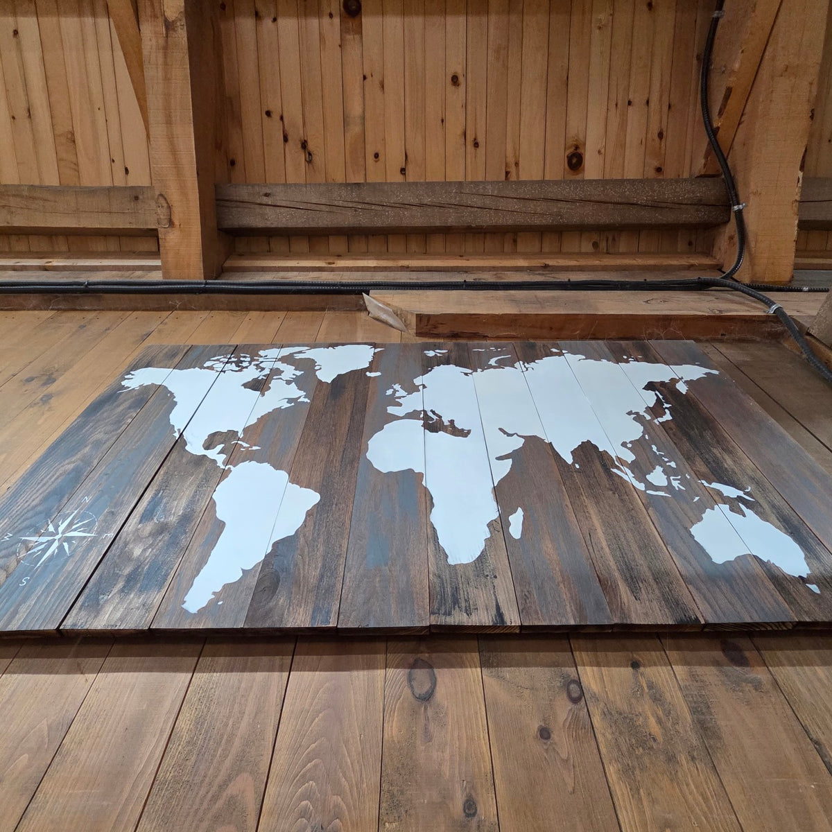 Actual one-off painted wood world map, 60 by 34 inches