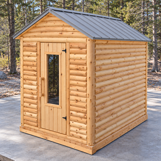 Four-person cedar log sauna, deeper 6 ft × 5 ft nominal wall model — size and colour visualization / Sauna quatre personnes en billots de cèdre, modèle de 6 × 5 pi — visualisation