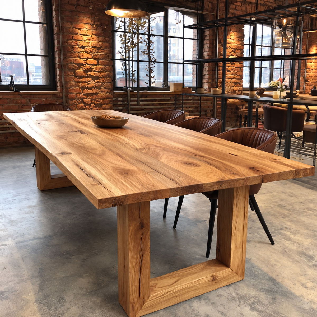 Portique dining table — solid oak top 1⅝ in thick and solid pine base, design visualization 1