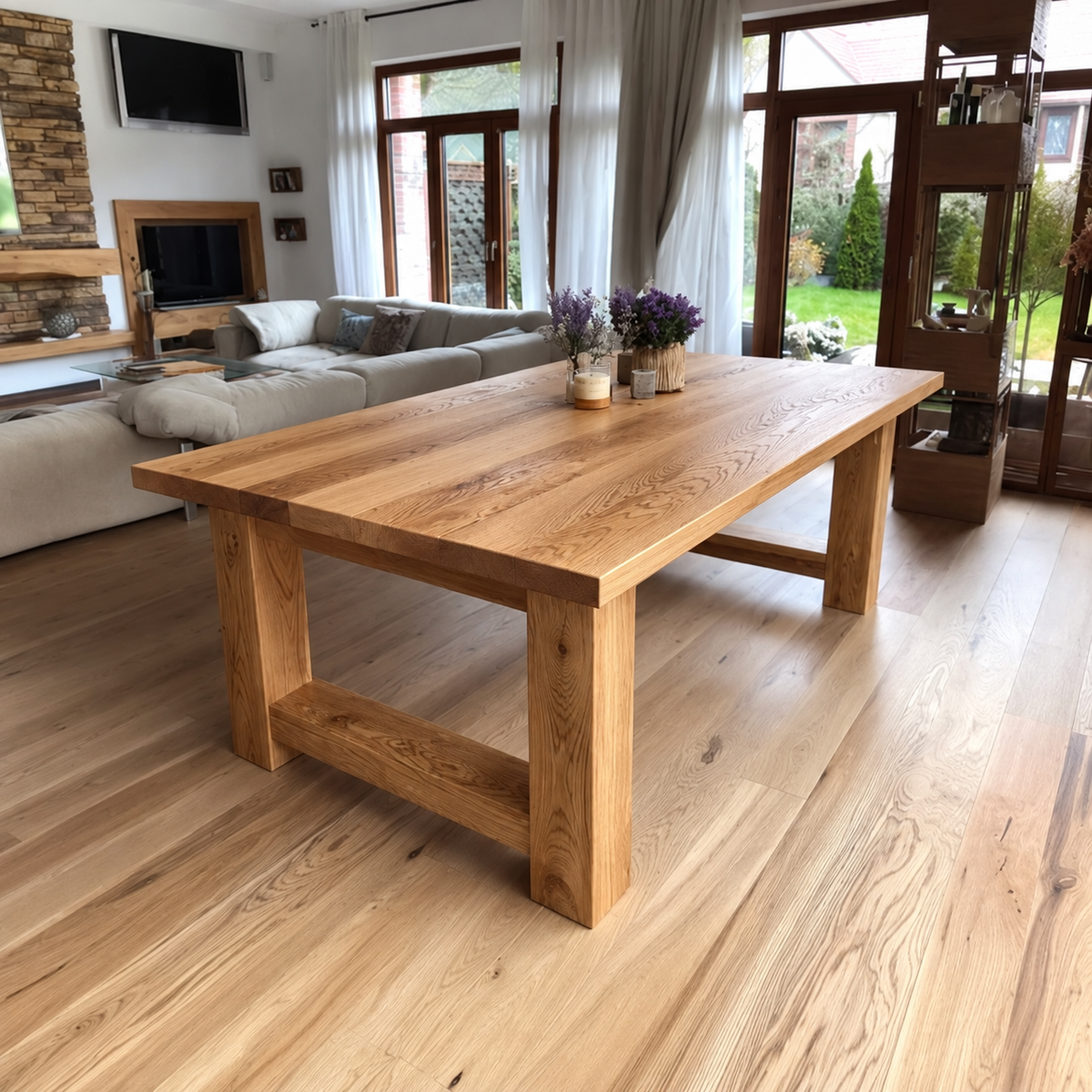 Portique dining table — solid oak top 1⅝ in thick and solid pine base, design visualization 8