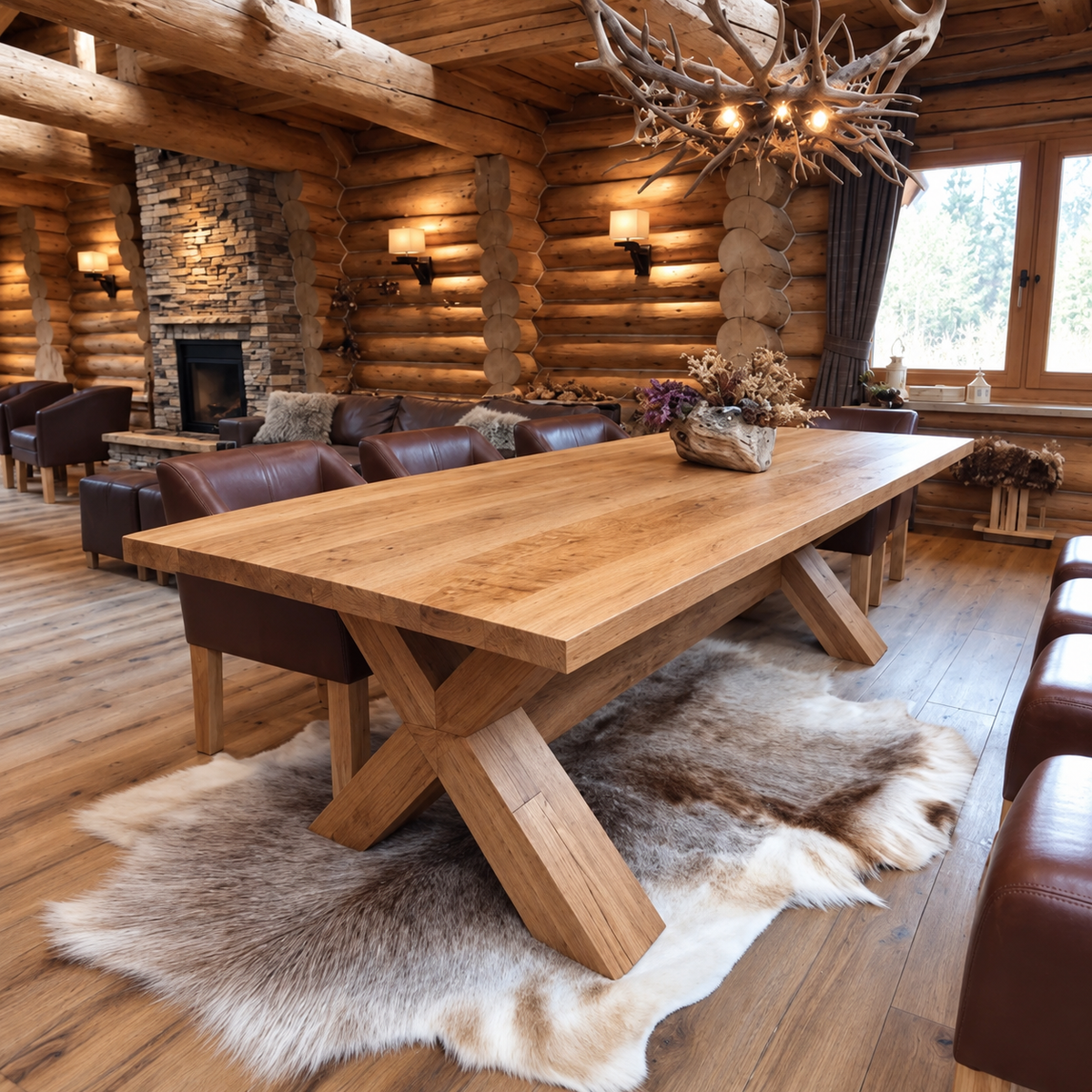 Boreal dining table — solid oak top 1⅝ in thick and solid pine base, design visualization 10