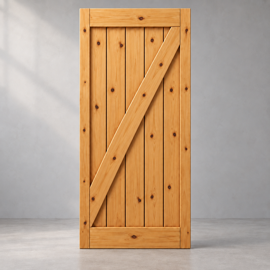 Illustrative preview of an Aries Den solid pine barn door with a Z brace.