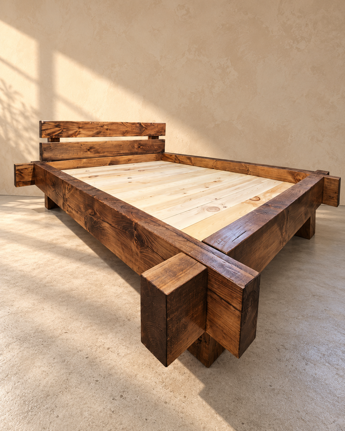 Dream Beam solid pine timber-frame bed with headboard and tongue-and-groove mattress platform, three-quarter view.