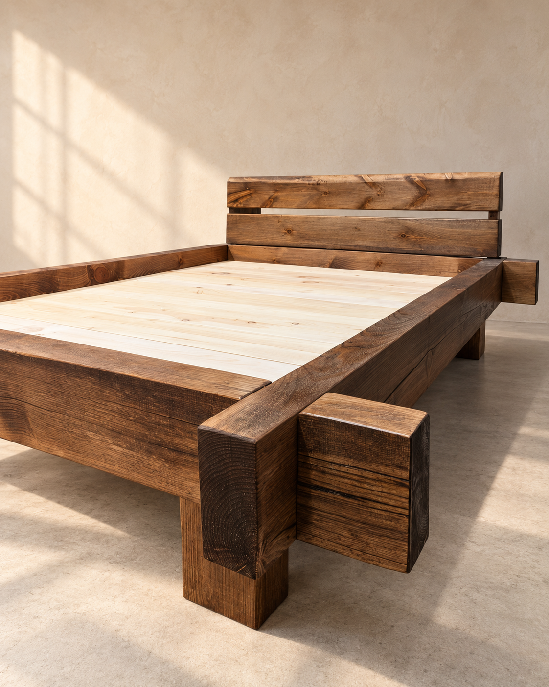 Dream Beam solid pine bed: projecting timber joints, sturdy legs and pine mattress platform viewed from the opposite corner.