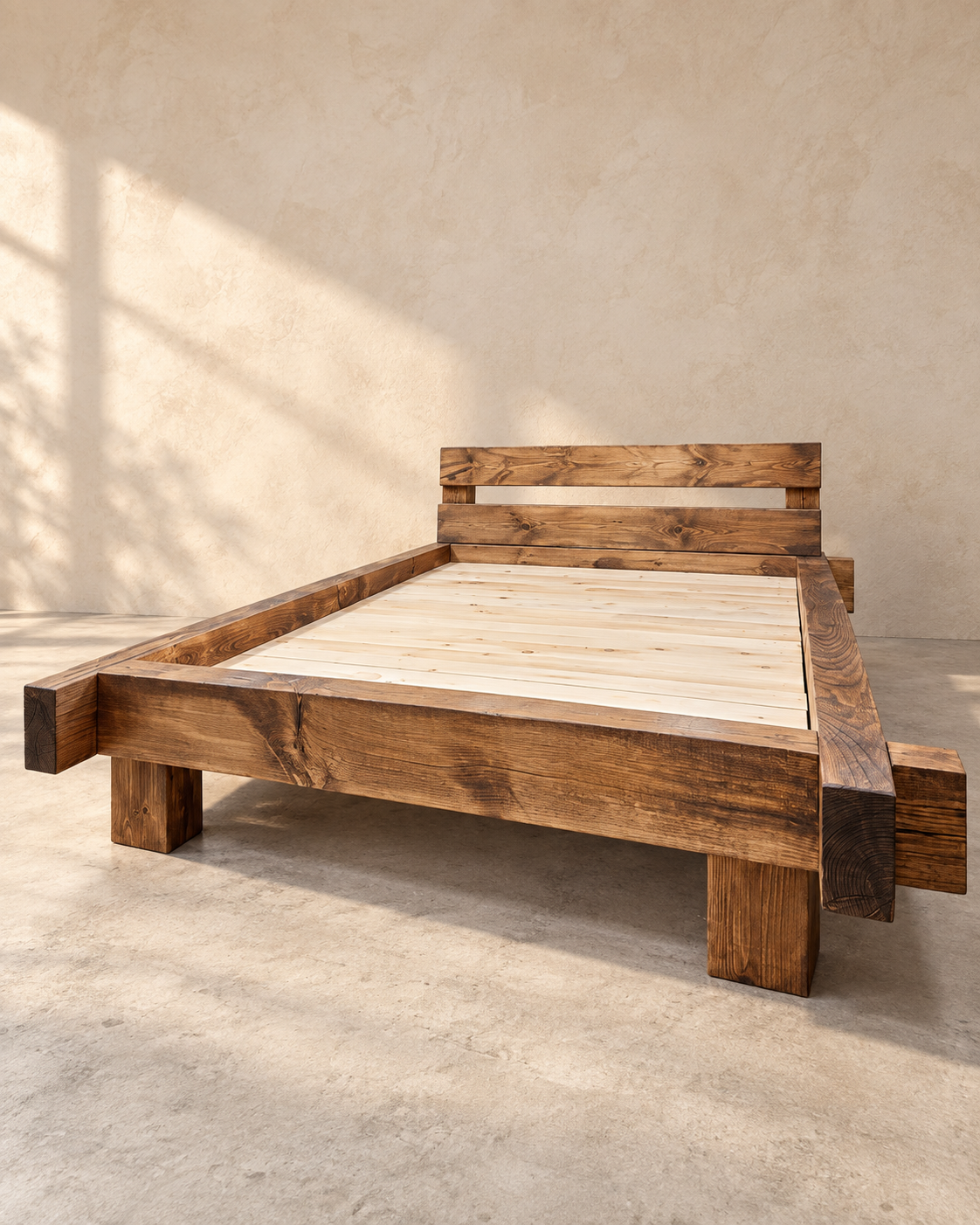 Dream Beam solid pine timber-frame bed, front view showing the included headboard, pine support boards and open clearance beneath the frame.