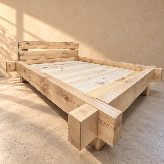 Dream Beam solid pine timber bed in a warm sunlit room, three-quarter view with a thin live-edge headboard and natural pine mattress support boards.