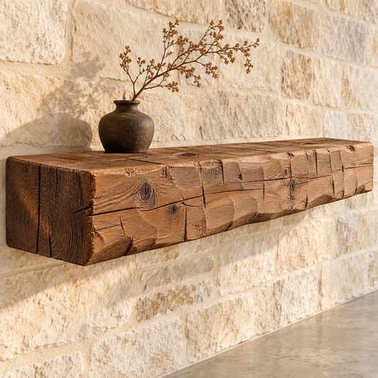 Hand-hewn pine mantel mounted on a limestone wall — original catalogue visualization
