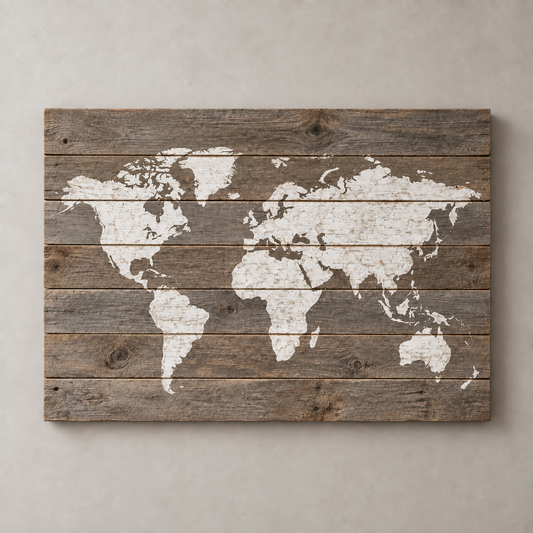 Carte du monde en véritable bois de grange