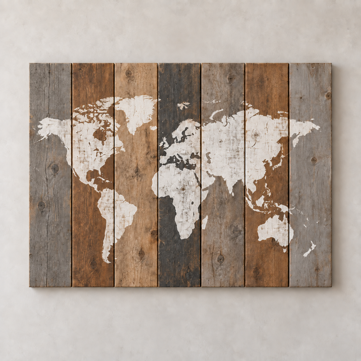 Distressed World Map on Wood — front view, without painted compass