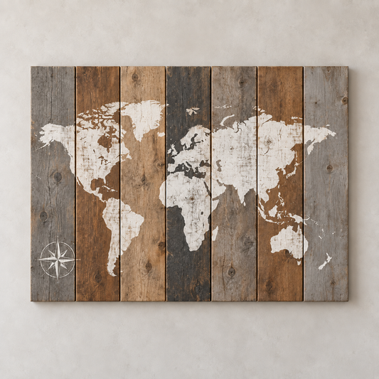 Carte du monde sur bois — effet vieilli