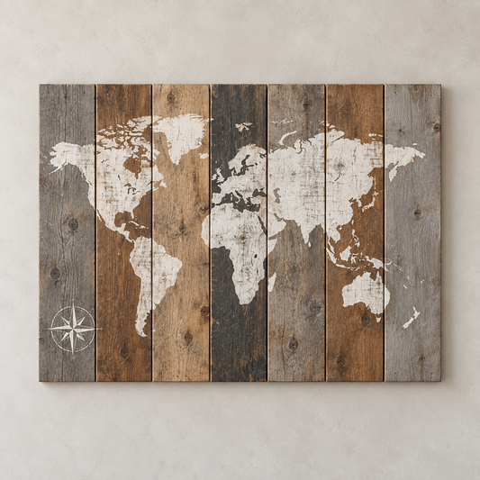 Distressed World Map on Wood