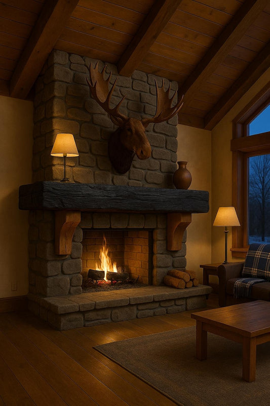 Serenity Fire Mantel — handmade pine with Shou Sugi Ban finish, view 1