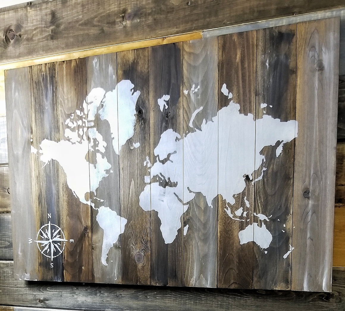 Distressed World Map on Wood