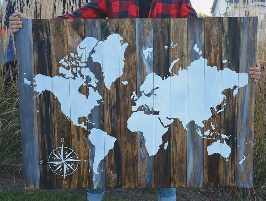 Distressed World Map on Wood