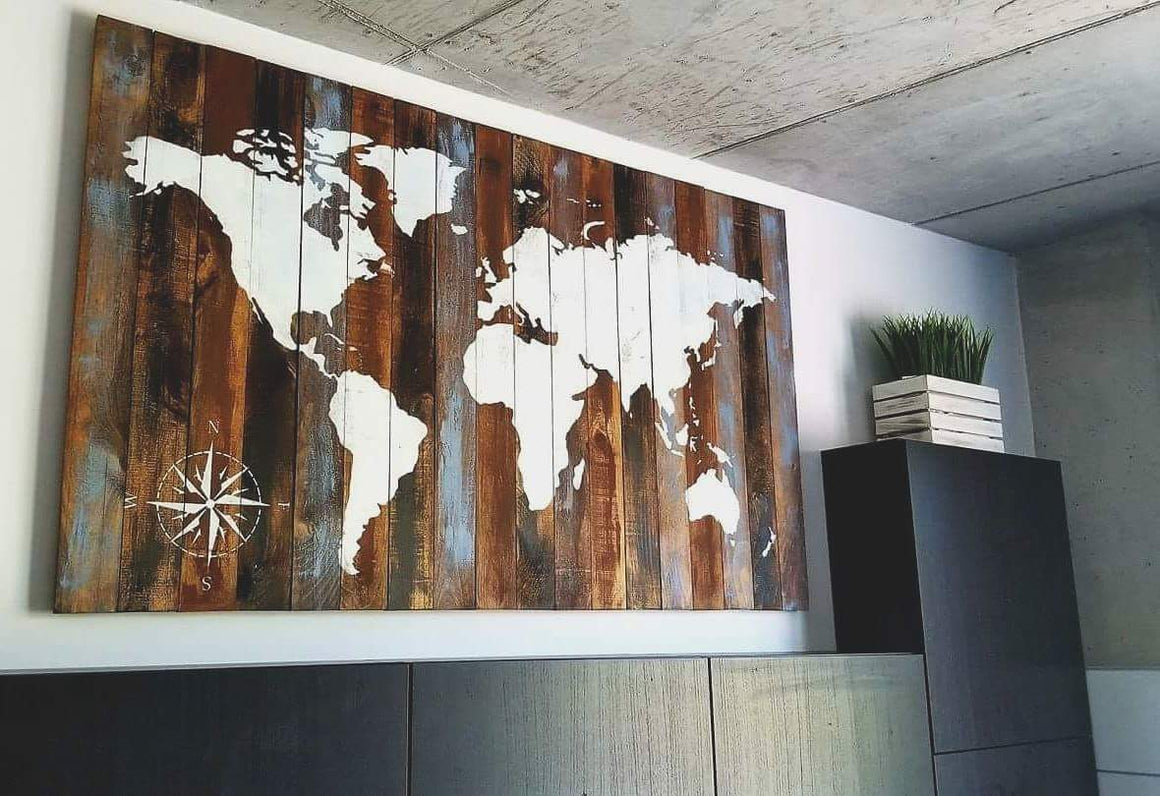 Distressed World Map on Wood